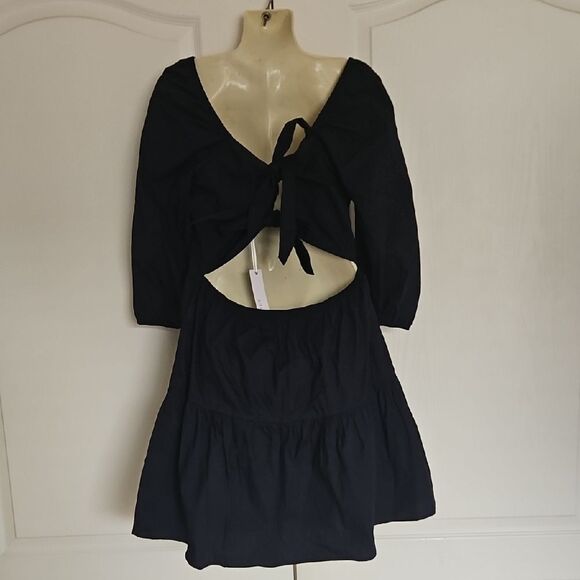 Adelyn Rae Navy BlueCotton Puff Sleeve A-line Dress - Picture 3 of 16
